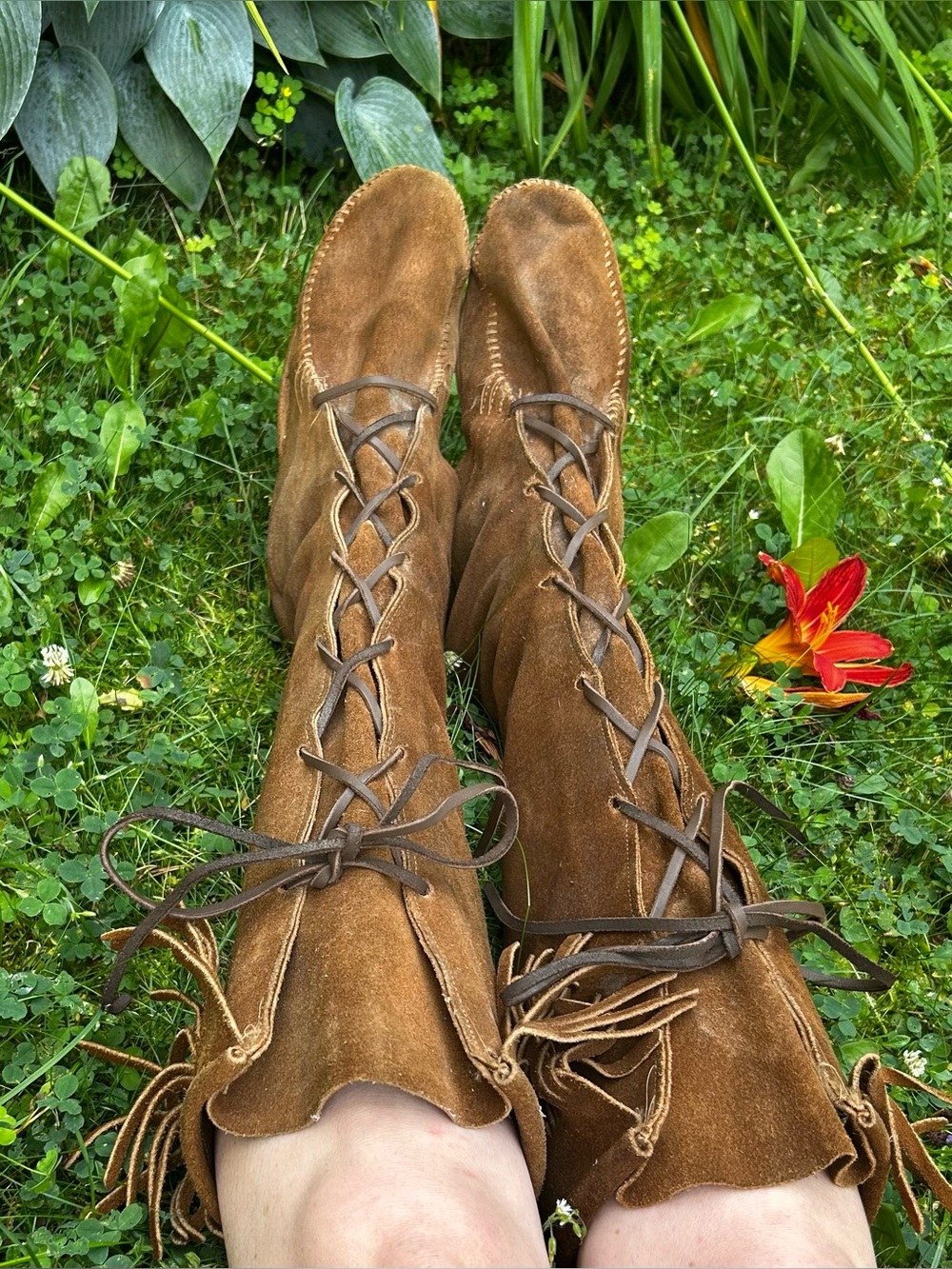 Vintage 70s Brown Suede Leather Lace-Up Fringe Knee-High Moccasins Boots